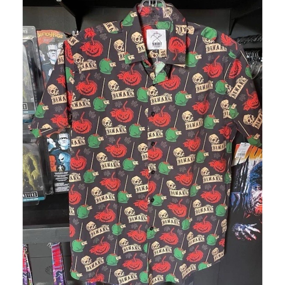 Halloween Button Up Shirt Skulls Horror Pumpkin Beware Ghost Creepy‎ Spooky L